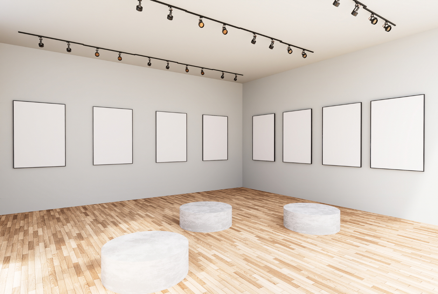 Framed photos in an empty room in Gallery, Virtual Museum, display as a futuristic streaming media sign as augmented reality and computer media concept in illustration style, 3D rendering